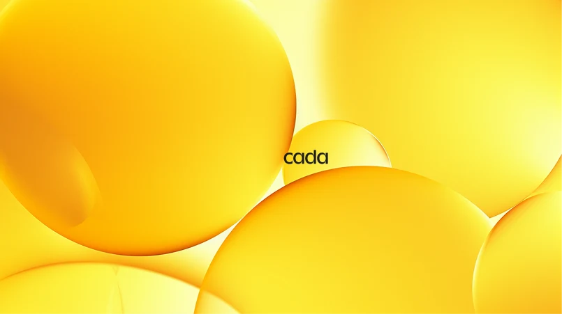 El logotipo de cada entre esferas amarillas brillantes.